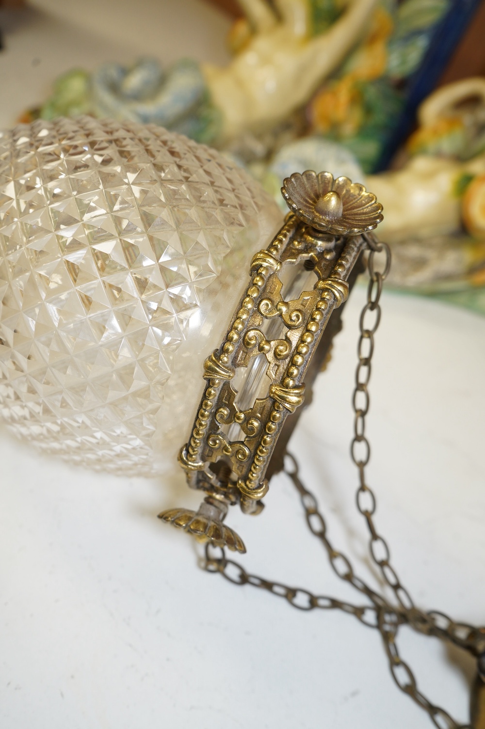 A cut glass ceiling pendant light shade. Condition - good